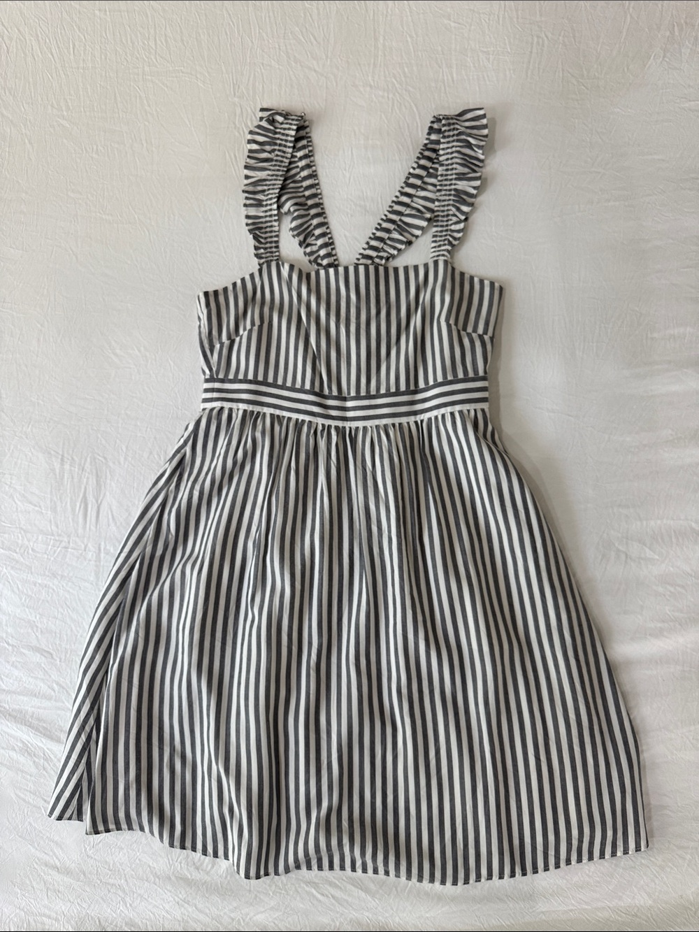 Madewell Striped Ruffle Strap Sundress Gray White Empire Fit Flare 4